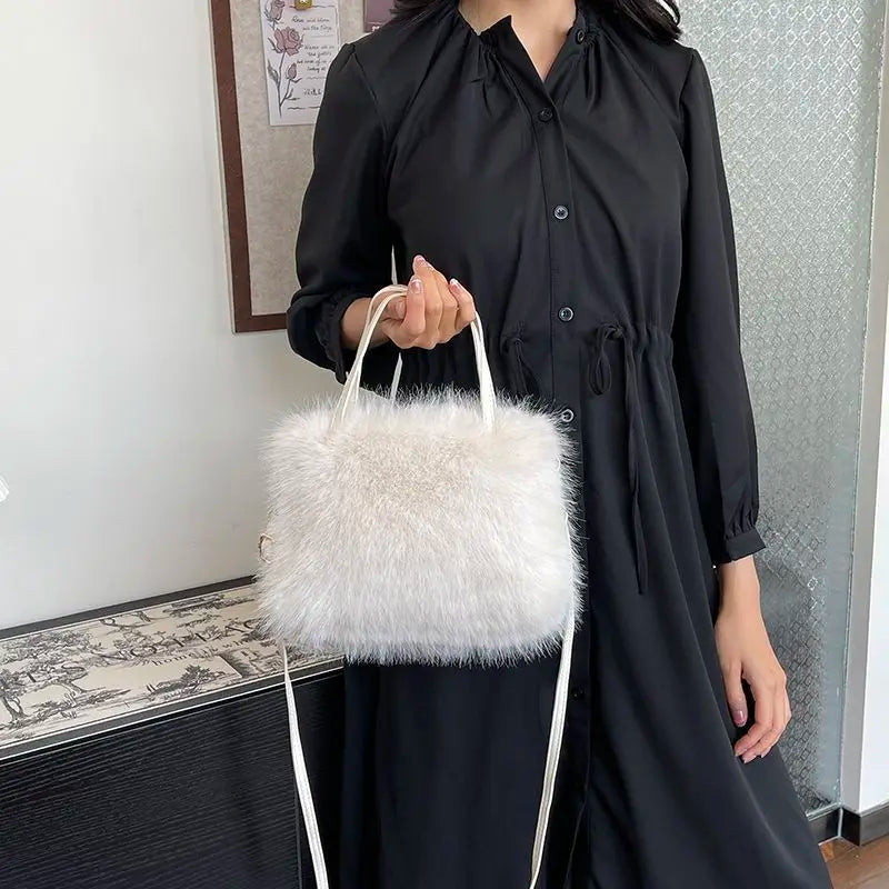 Fluffy Faux Fur Shoulder Bag with Pearl Chain & Crossbody Strap