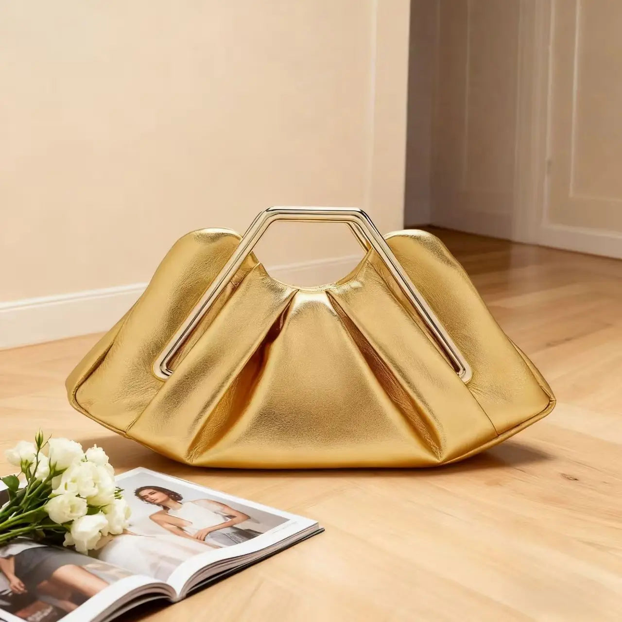 Chic Pleated PU Leather Clutch Bag | Metal Handle Geometric Evening Handbag