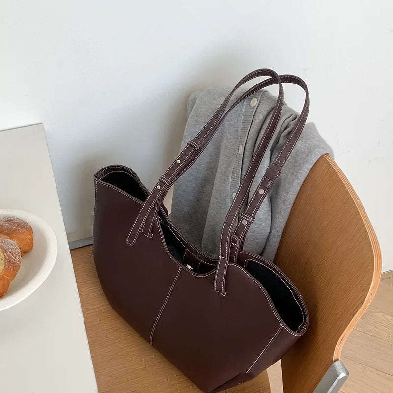 Aesthetic Brown PU Leather Everyday Tote with Contrast Stitching