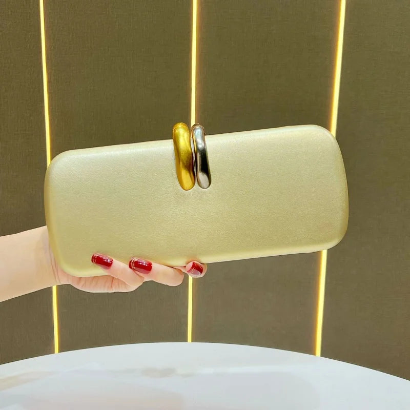 Aura Bags Elegant Rectangular Hard-Shell Clutch & Evening Bag with Gold-Silver Dual Ring Clasp