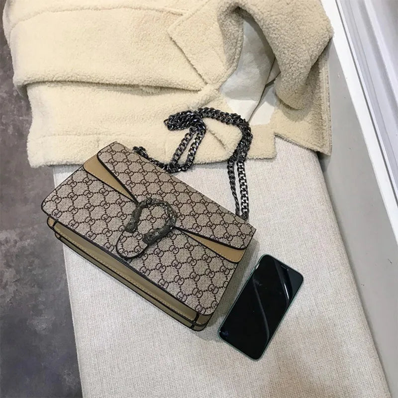 Luxury Monogram Flap Shoulder Bag with Tiger Head Accent & Dark Chain