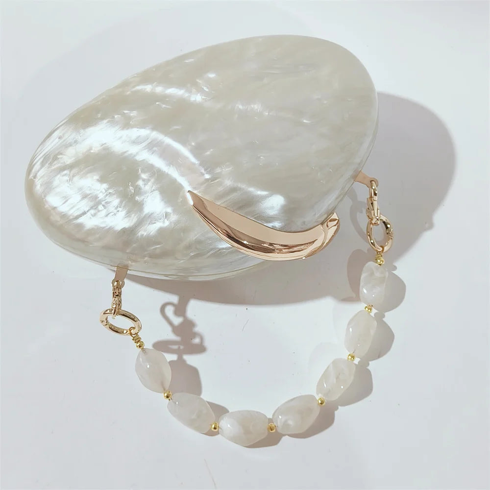 Luxury White Marble Evening Clutch and Handbag with Beaded Strap