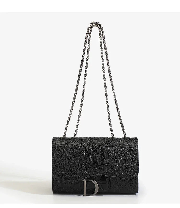 Aura Bags Luxury Crocodile Embossed Flap Shoulder Bag with Metallic Chain