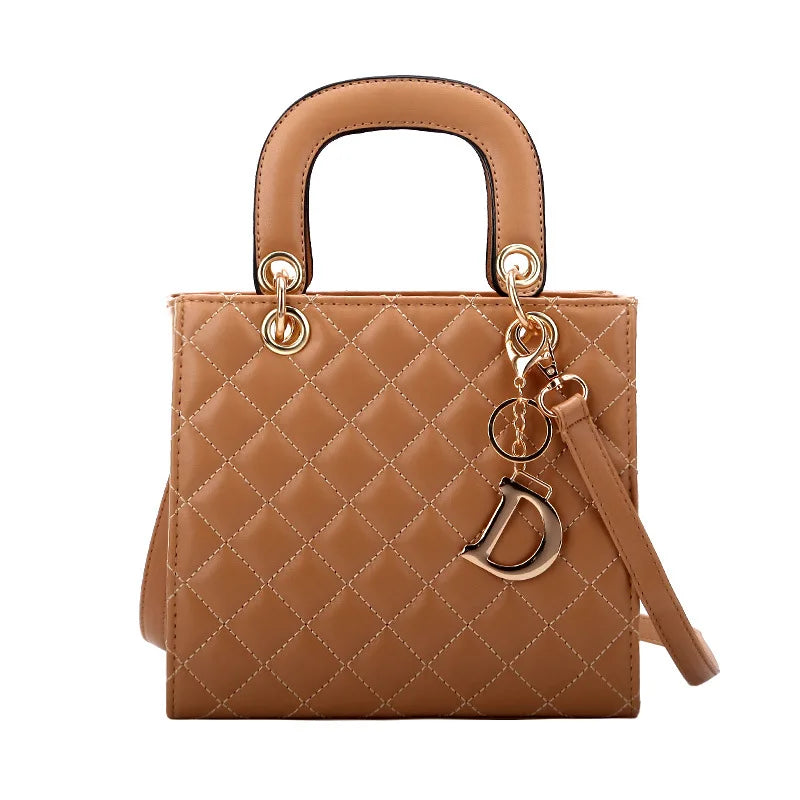 Chic Quilted Pattern Top Handle Handbag for Women | Elegant PU Leather Crossbody & Shoulder Bag with Charm