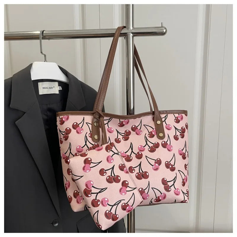 Chic Cherry Print Leather Tote Bag with Matching Pouch – Spacious Casual Shoulder Bag for Women