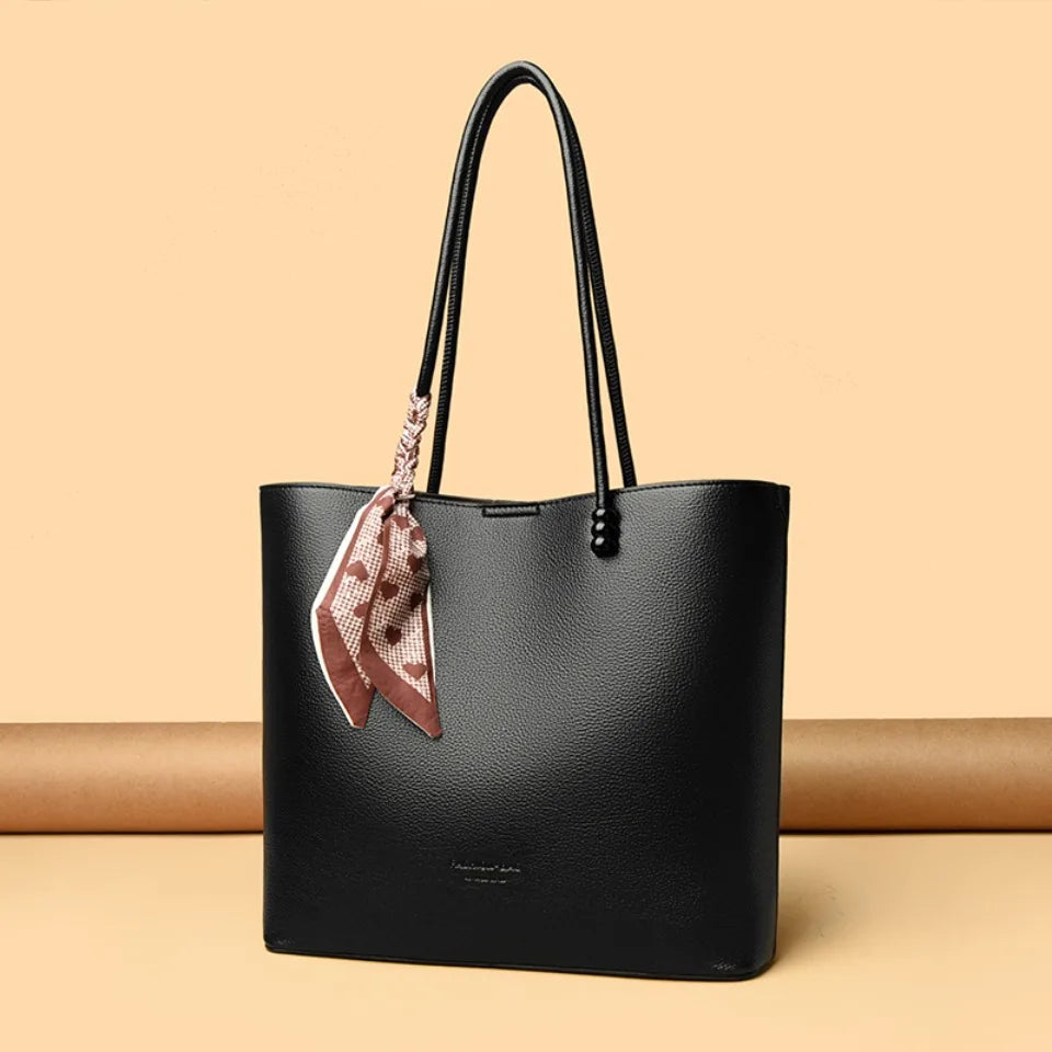 Chic Burgundy Leather Shopping Tote with Scarf Bow
