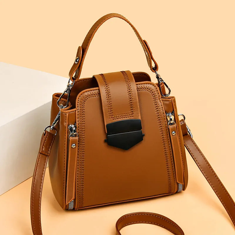 Modern Brown Leather Top-Handle Handbag | Stylish Multi-Zipper Crossbody Bag for Women