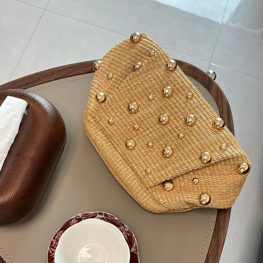 Chic Gold-Studded Woven Straw Clutch & Evening Pouch Bag