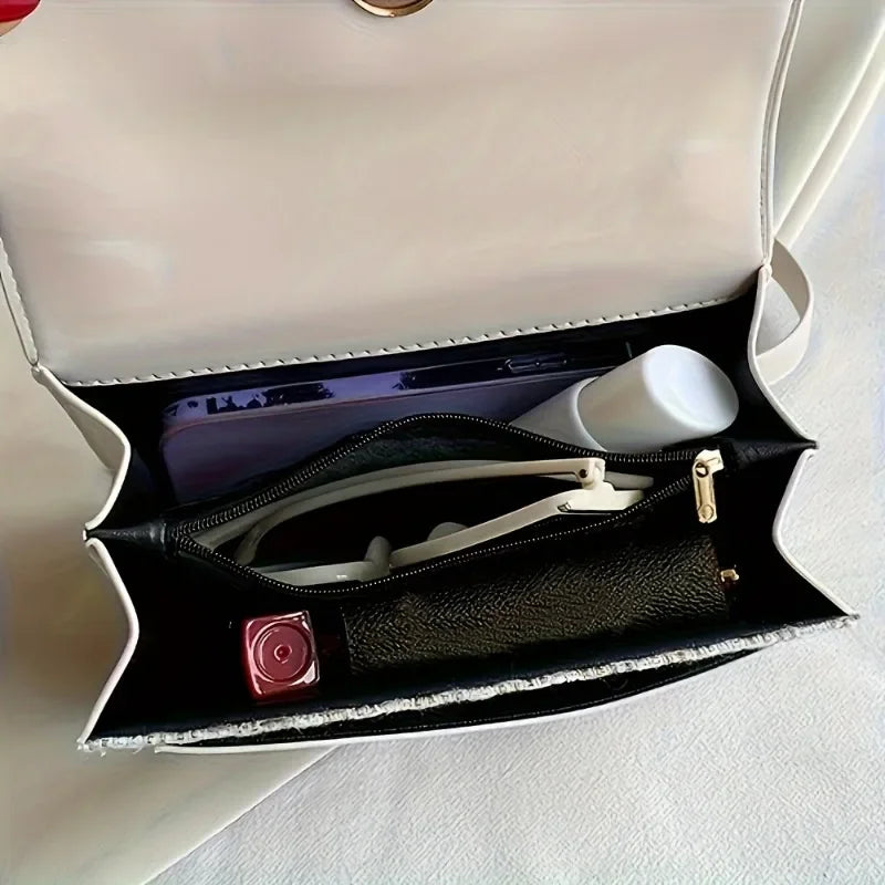 Chic Tweed & PU Leather Flap Crossbody Bag with Gold-Tone Hardware