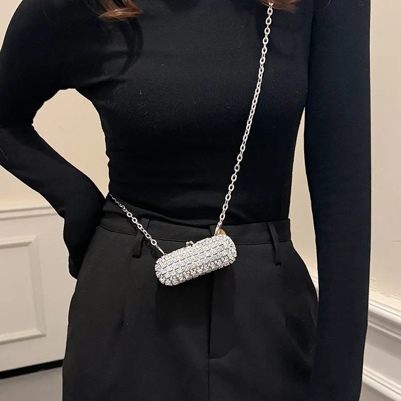 Sparkling Crystal Embellished Mini Cylinder Clutch | Party Wear Gold Handbag with Chain