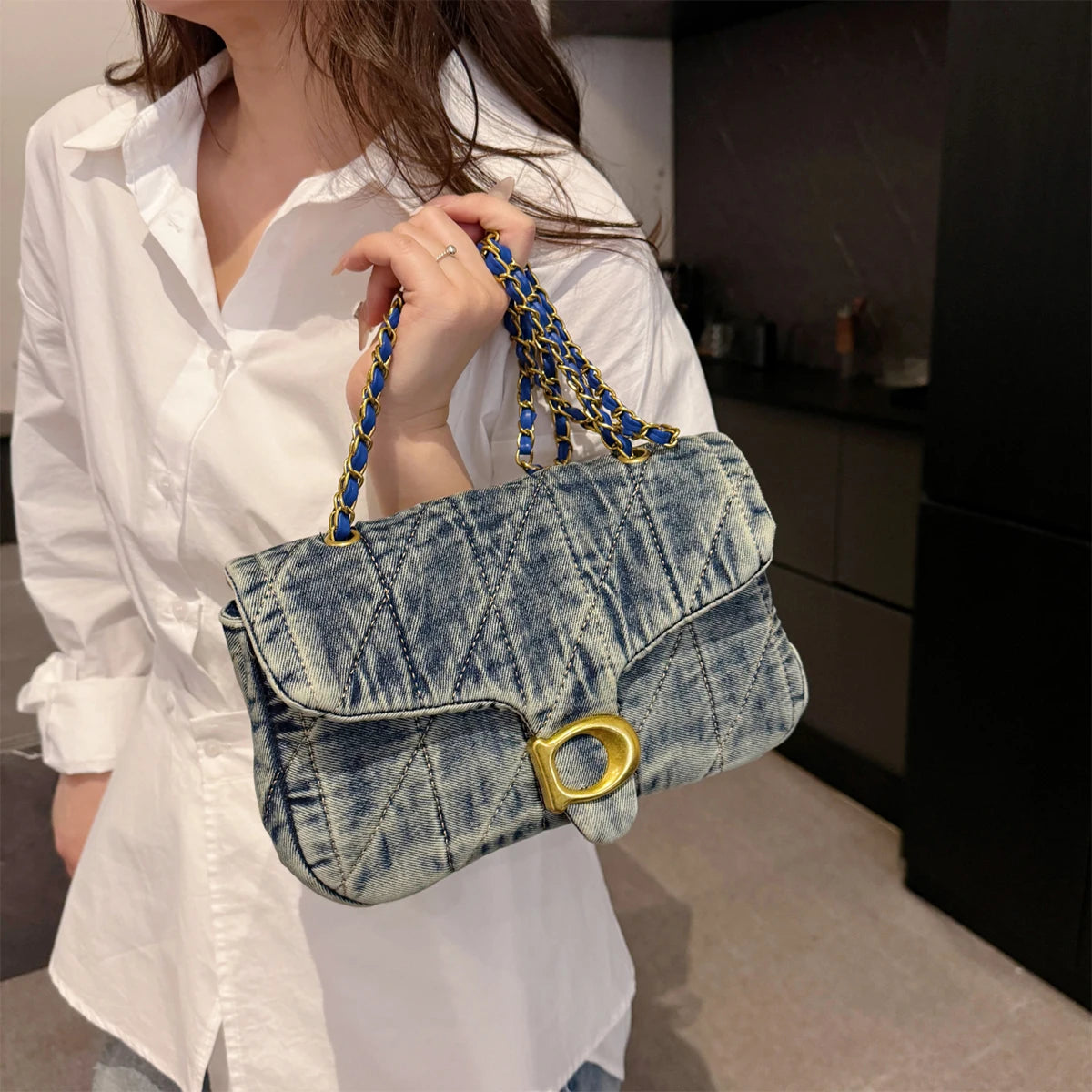 Vintage Quilted Denim Chain Handbag