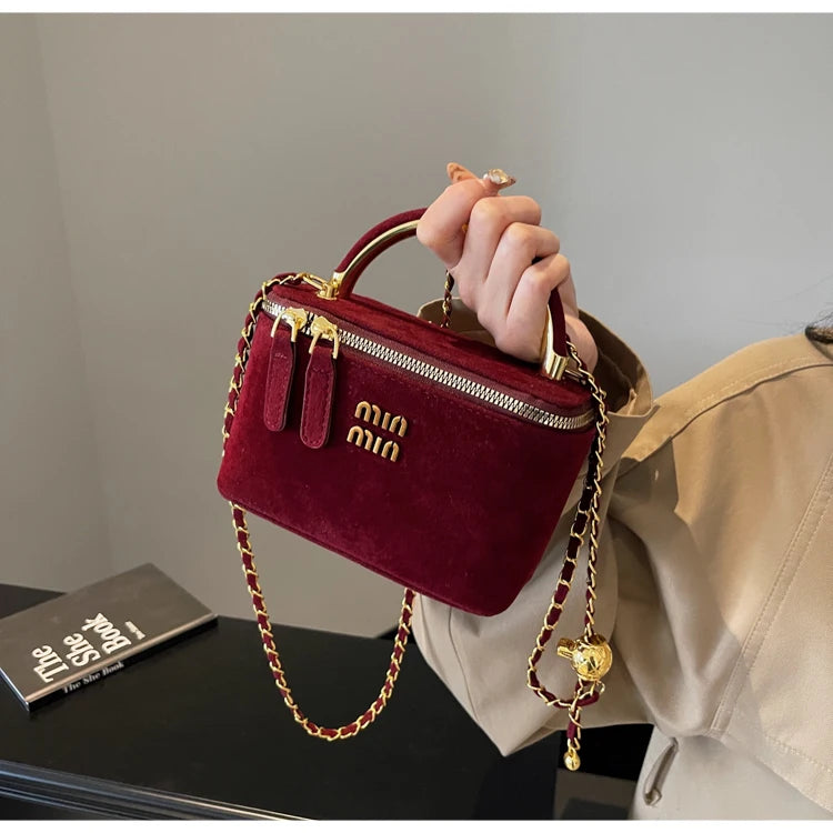 Chic Suede Vanity Box Crossbody Bag with Top Handle and Chain Strap (Multiple Colors)