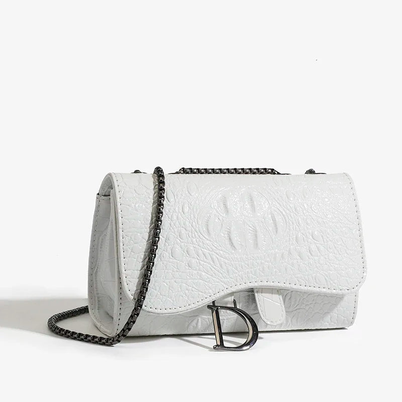 Aura Bags Luxury Crocodile Embossed Flap Shoulder Bag with Metallic Chain