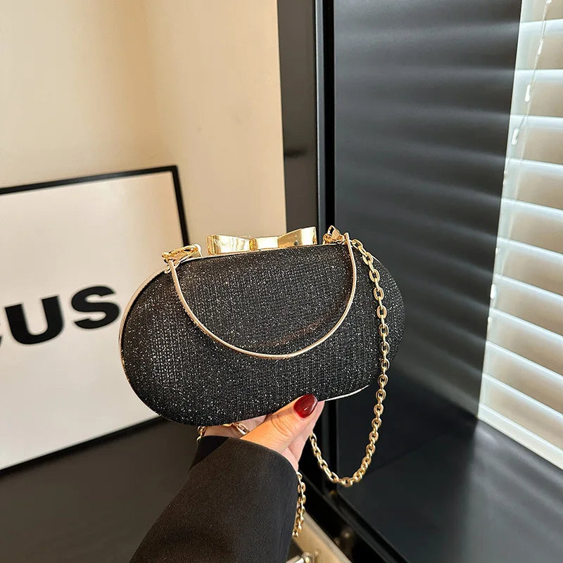 Glitter Evening Oval Clutch Bag - Elegant Gold Ring Handle Hardcase Purse with Chain Strap