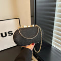 Glitter Evening Oval Clutch Bag - Elegant Gold Ring Handle Hardcase Purse with Chain Strap