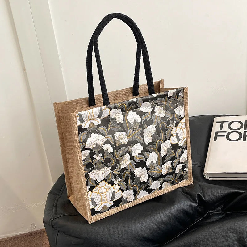 Vintage Floral Canvas Tote Bag – Spacious Casual Shoulder Bag & Shopping Handbag