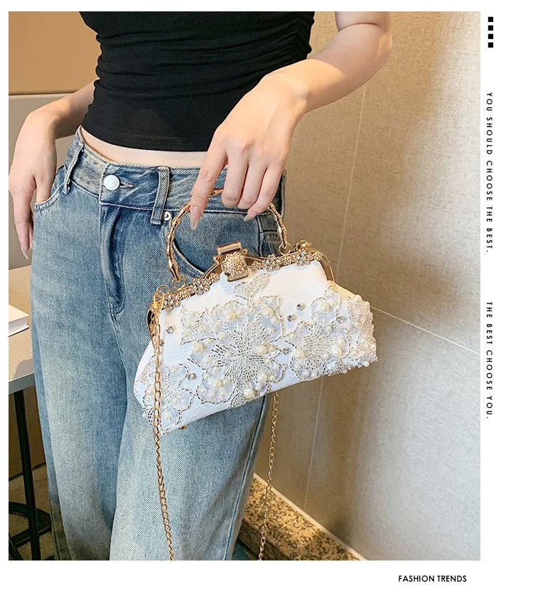 Elegant White Pearl Lace Evening Clutch Bag | Luxury Bridal Purse with Gold Handle