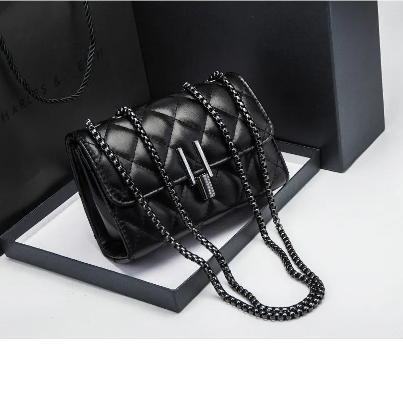 Luxurious Designer-Inspired Quilted Black PU Leather Shoulder Bag Featuring Sleek Gunmetal Chain Strap and Modern Metallic Lock Closure for Women