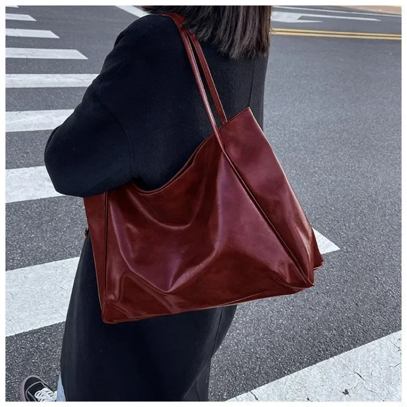 Modern Glossy PU Leather Tote Bag | Large Capacity Soft Shoulder Shopping Bag for Women
