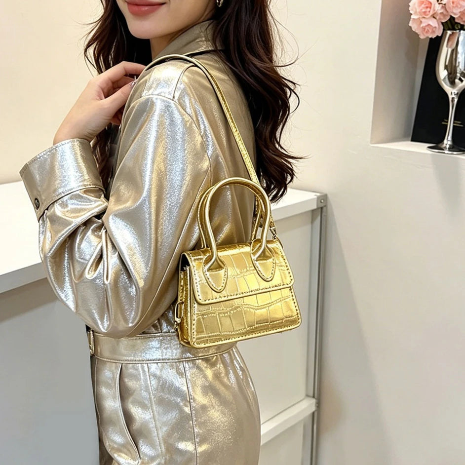 Metallic Gold Croc Pattern Micro Mini Bag | Cute Faux Leather Crossbody Phone Bag
