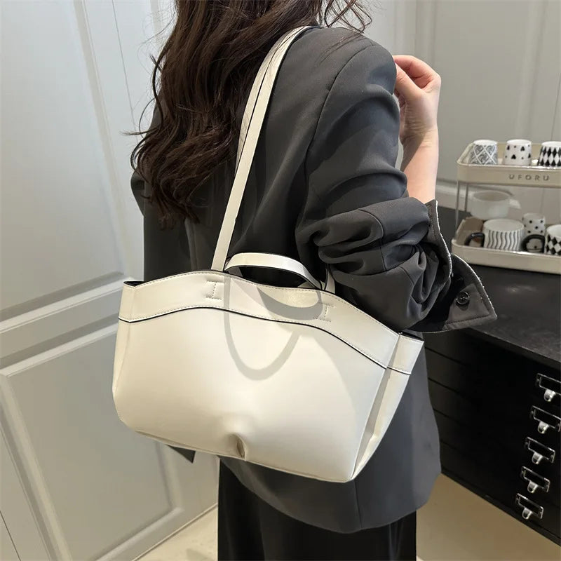 Classic Contrast-Stitch Structured Tote Bag with Double Top Handles (Brown)