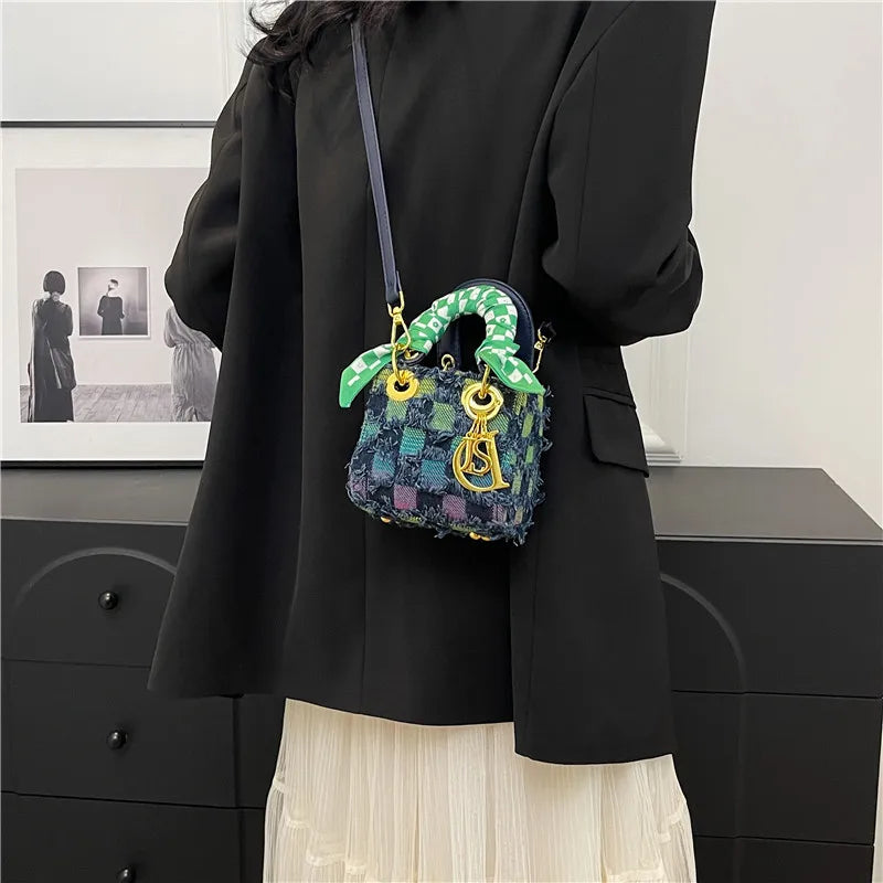 Chic Tweed Mini Crossbody Bag with Scarf Handle & Gold Charm - Stylish Women's Small Handbag