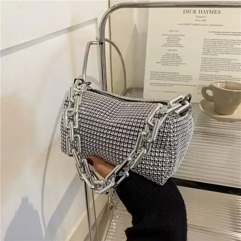 Glamorous Silver Rhinestone Evening Bag | Thick Chain Link Sparkly Crossbody Clutch
