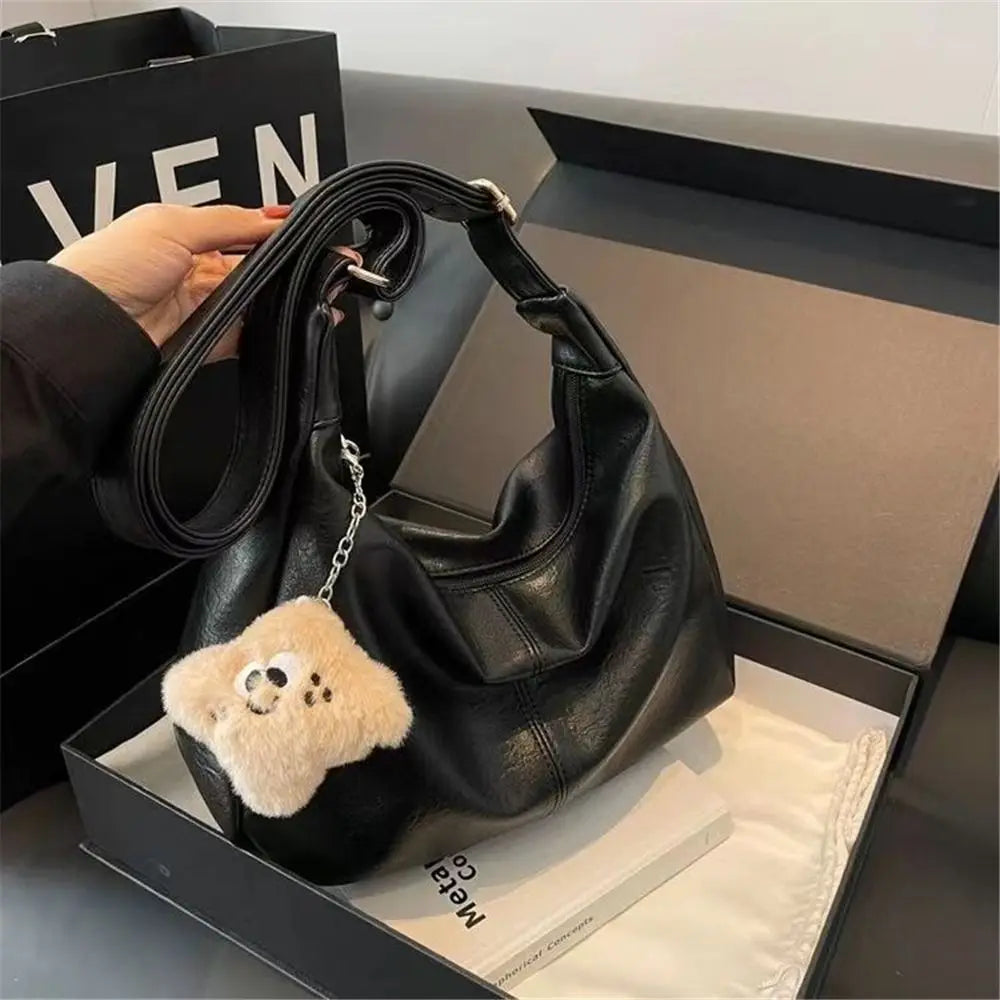 Aura Bags Vintage Brown Slouchy PU Leather Tote Bag with Fluffy Bear Charm