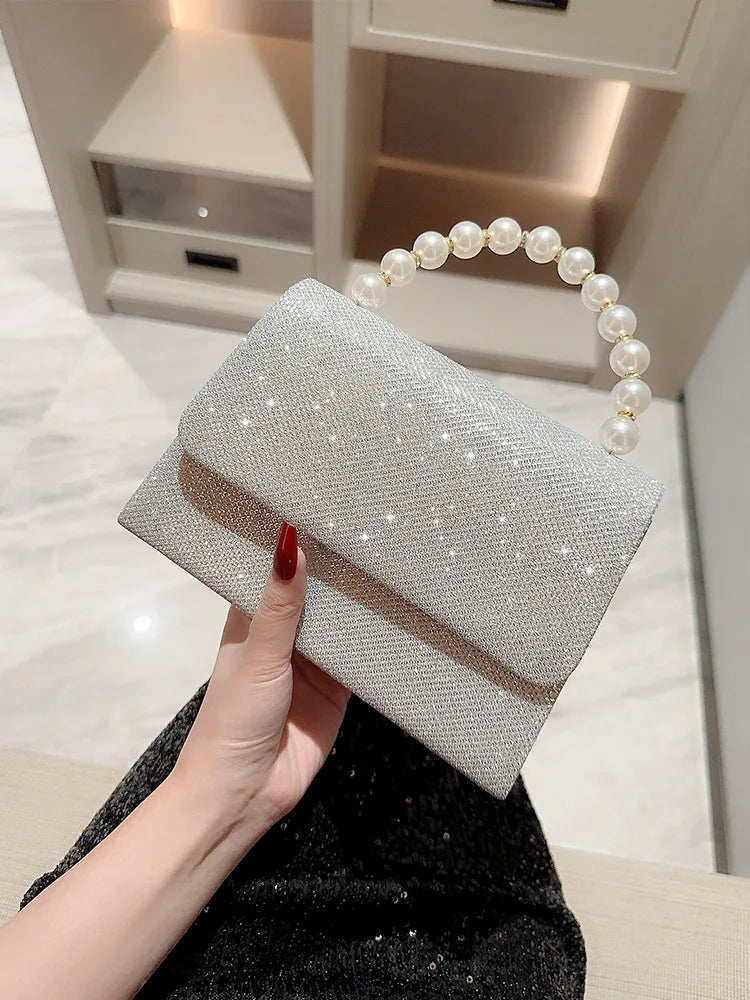 Aura Bags Sparkling Silver Glitter Evening Clutch with Elegant Faux Pearl Handle