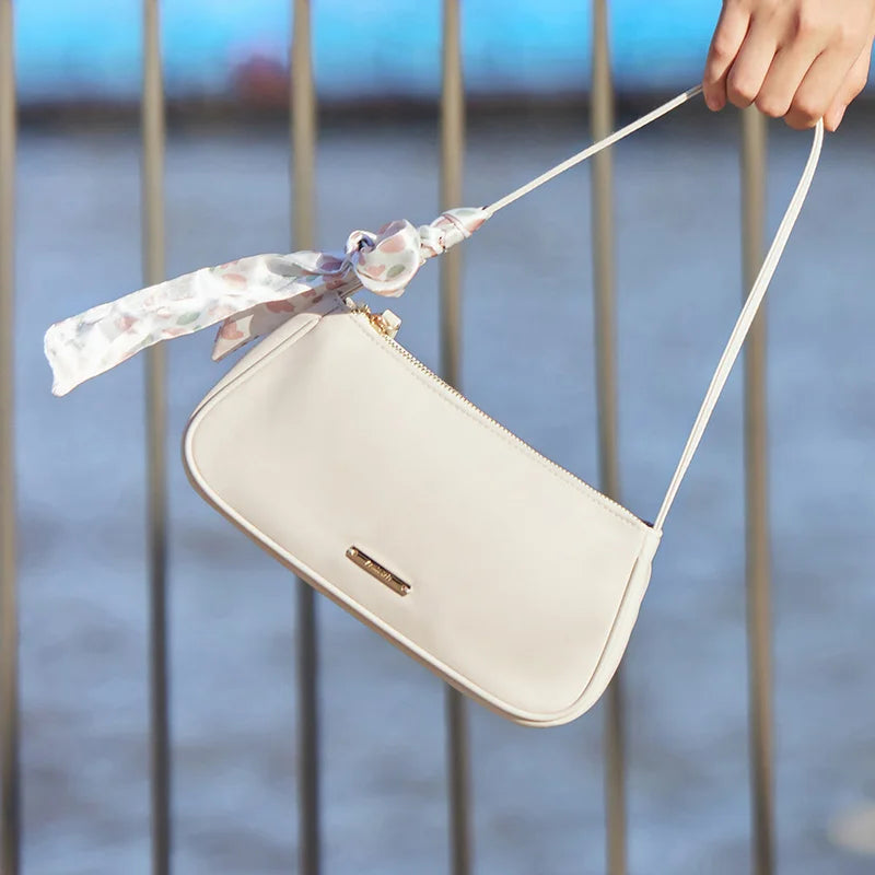Chic Minimalist Faux Leather Underarm Bag - Elegant Casual Shoulder Handbag with Silk Scarf Accessory