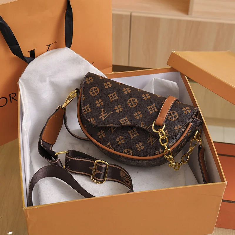 Chic Monogram Saddle Crossbody Bag | Vintage Pattern Half-Moon Shoulder Bag with Wide Strap