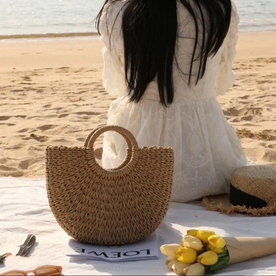 Casual Natural Woven Straw Tote with Ribbon Accent