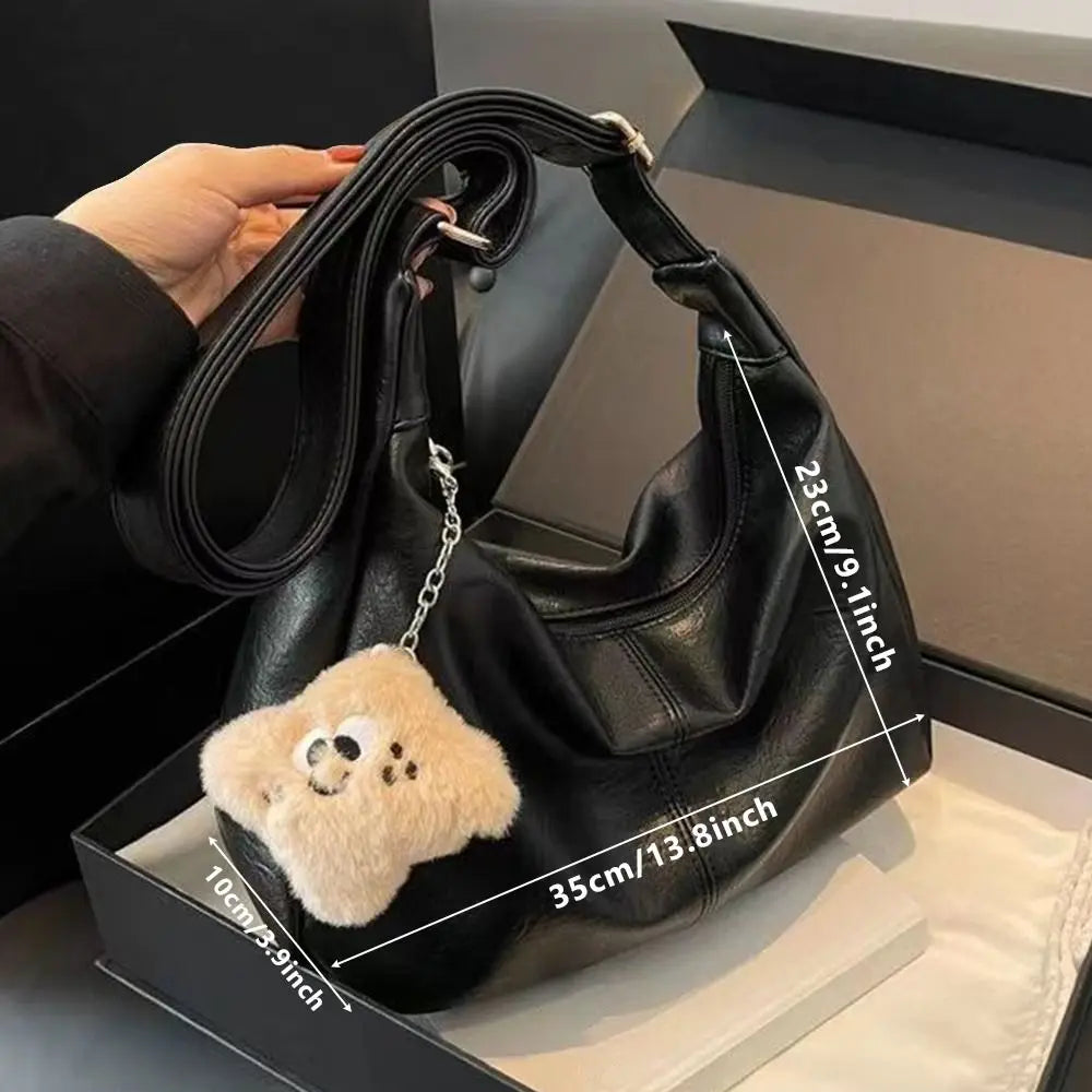 Aura Bags Vintage Brown Slouchy PU Leather Tote Bag with Fluffy Bear Charm