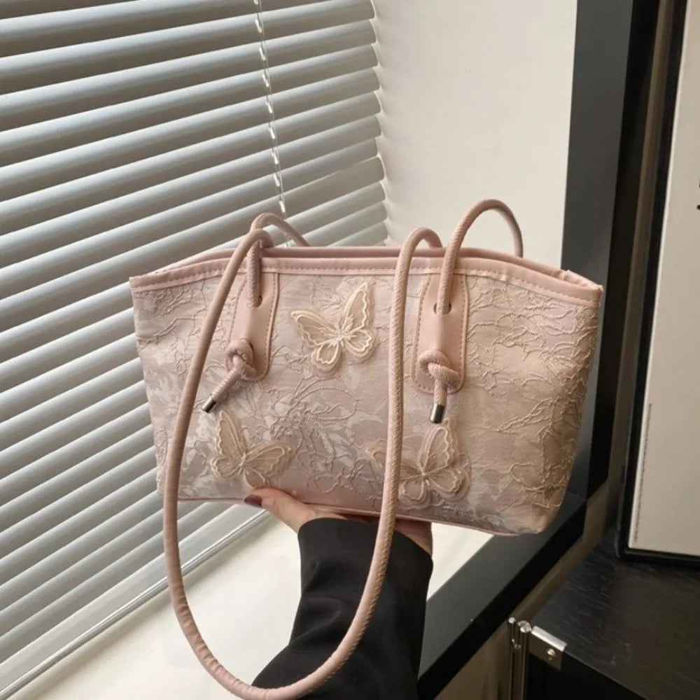 Elegant White Lace & Embroidery Butterfly Tote Bag – Chic Women's Handbag with Knot Straps