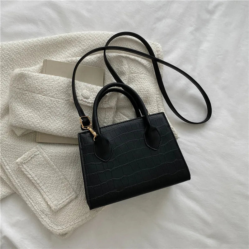 Faux-Croc Textured Structured Handbag with Crossbody Strap