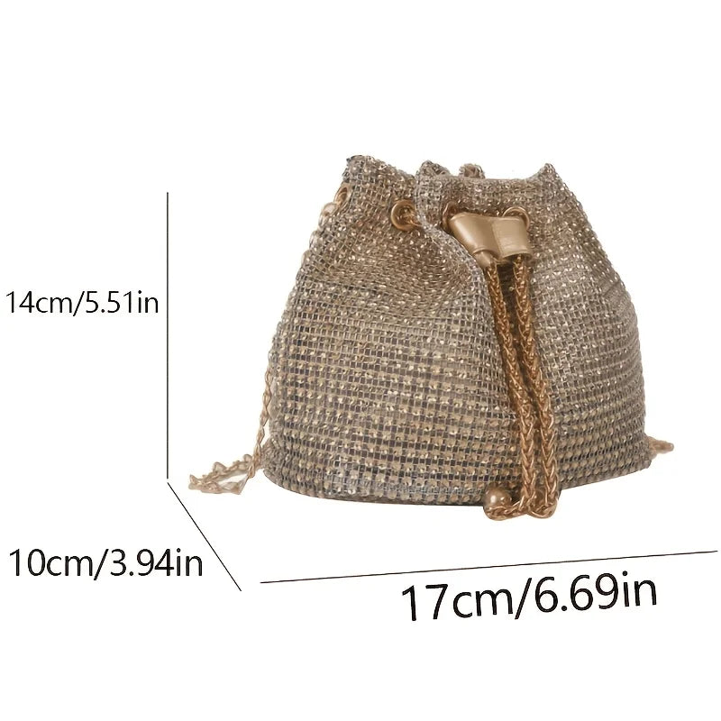 Elegant Crystal Rhinestone Crossbody Evening Bag – Metallic Drawstring Bucket Purse with Gold Chain