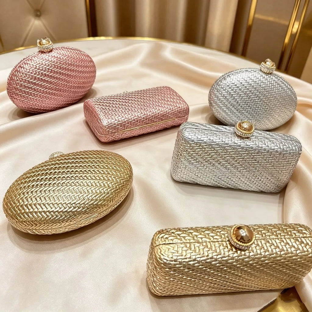Luxury Metallic Woven Pattern Party Clutch Bag with Crystal Clasp