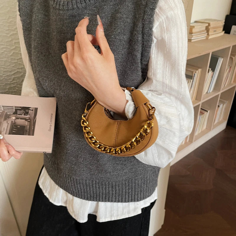 Mini Crescent Dumpling Bag with Chunky Gold Chain Handle
