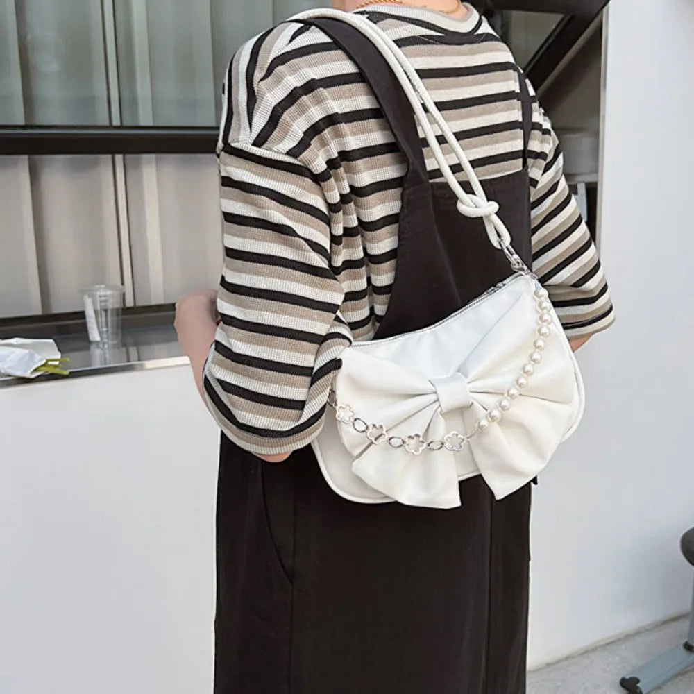 Coquette Bow-Knot Shoulder Bag with Pearl & Chain Detail