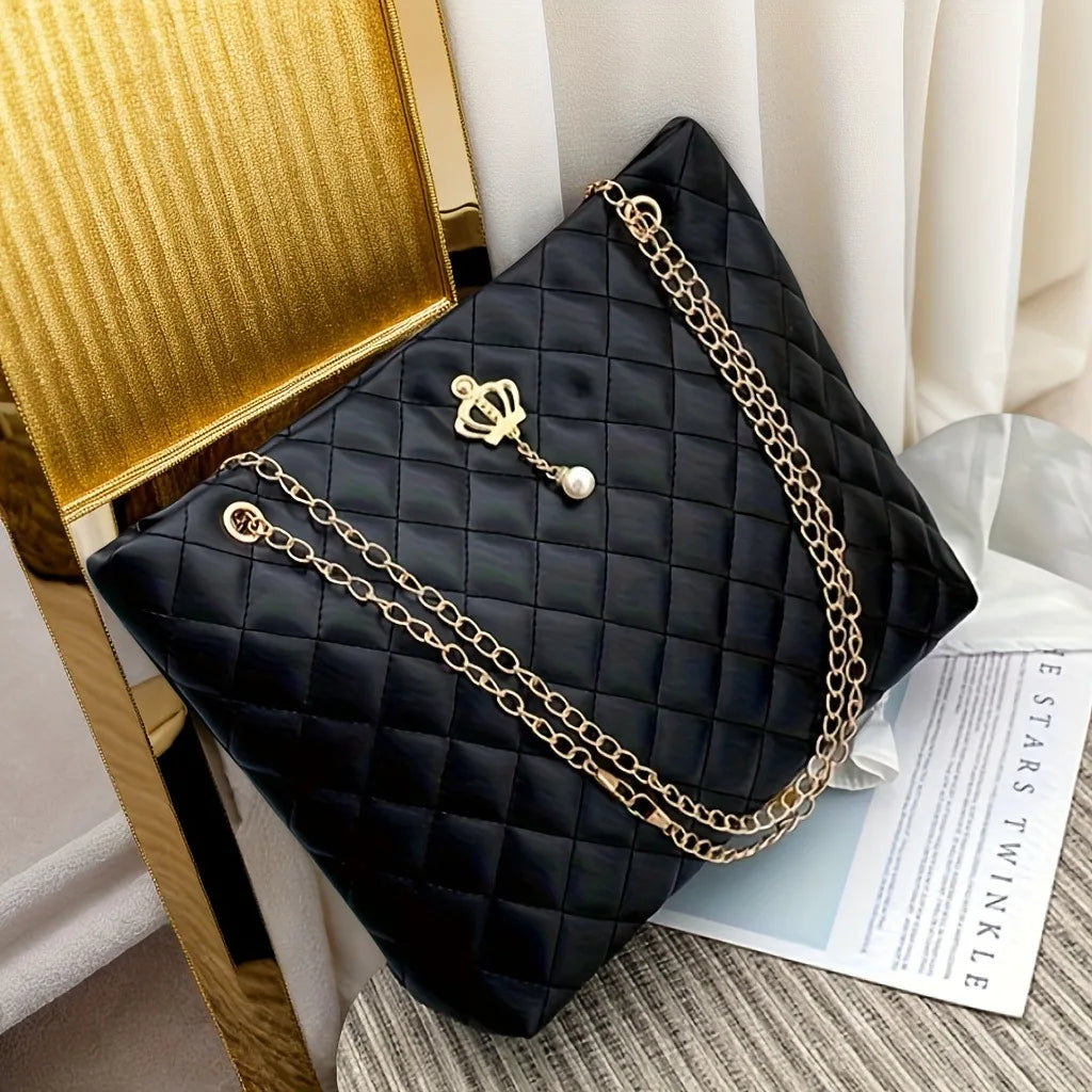 Royal Crown Quilted Chain Tote Bag