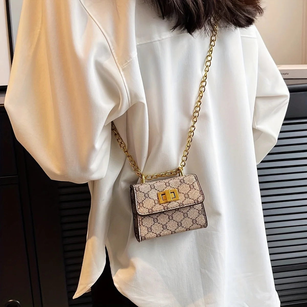 Chic Monogram Mini Flap Crossbody Bag with Gold Chain Strap