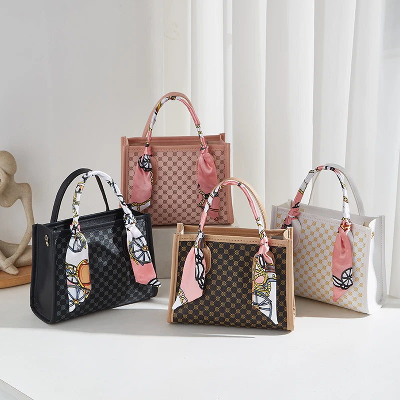 Classic Geometric Print Satchel Handbag with Crossbody Strap and Twilly Scarf