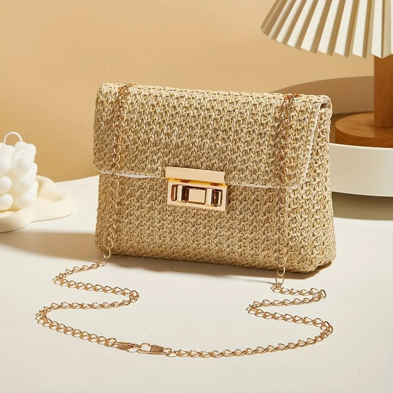 Chic Straw Woven Chain Crossbody Bag for Women