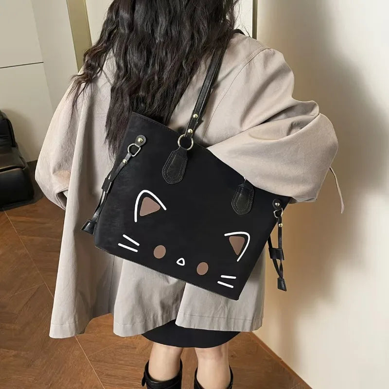 Kawaii Cute Cat Face Graphic Large Capacity Shoulder Tote Bag
