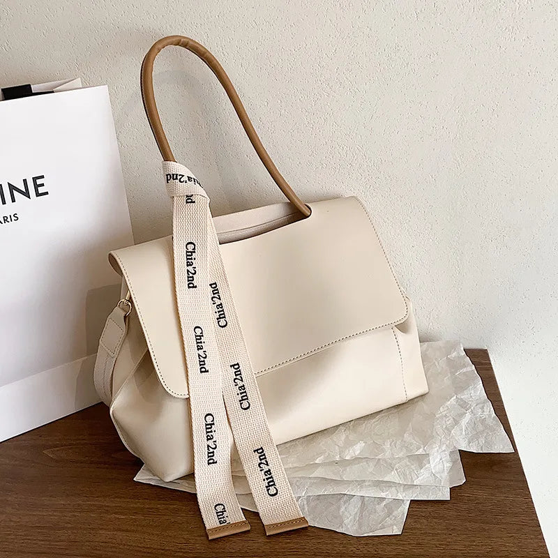 Casual PU Leather Large Capacity Shoulder Tote | Trendy Letter Strap Handbag