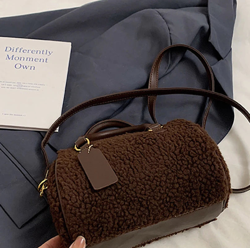 Cozy Sherpa Fleece Barrel Bag with Brown Leather Trim