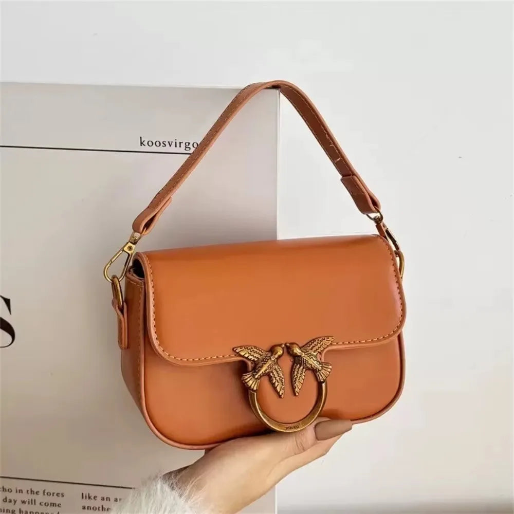 Elegant Maroon PU Leather Crossbody Bag with Gold Bird Clasp