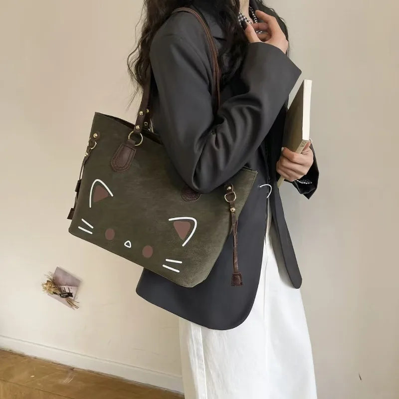 Kawaii Cute Cat Face Graphic Large Capacity Shoulder Tote Bag