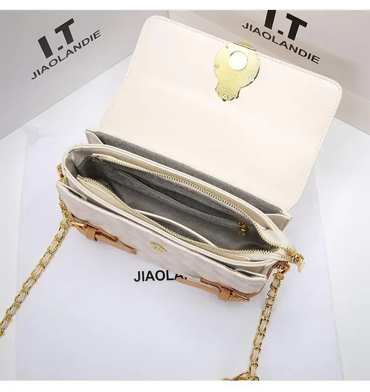 Elegant White and Tan Designer-Style Satchel with Gold Chain