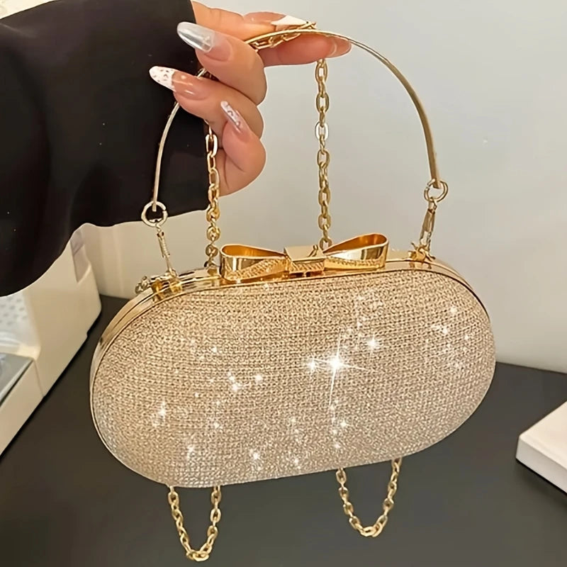 Glitter Evening Oval Clutch Bag - Elegant Gold Ring Handle Hardcase Purse with Chain Strap